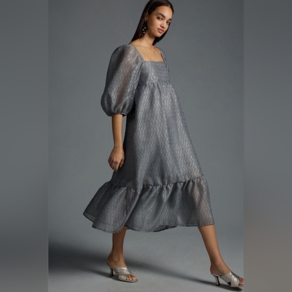 By Anthropologie Dresses & Skirts - By Anthropologie Elegant Silver Textured Puff Sleeve Dress